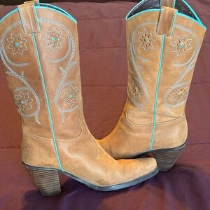 Franco Sarto Tan Heeled Boots with Turquoise Details